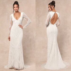 LULUS Art Deco Beaded Long Sleeve V-Neck Open Back Mermaid Train Wedding Gown XL